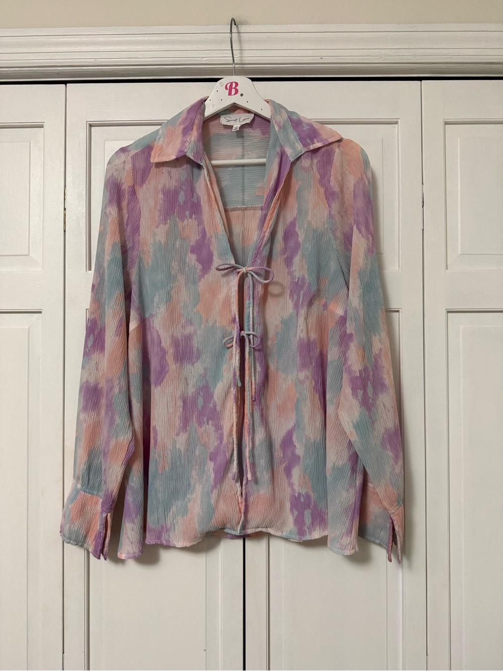 Sweet Lemon Two Tie-Front Pastel Watercolor Print Blouse Oversized Coastal Beach